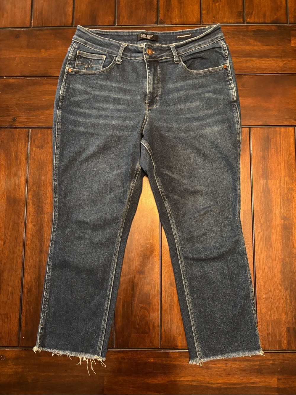 Judy Blue High Waist Cropped Straight Fit Dark Wash Blue Jeans with Raw Hem 16W
